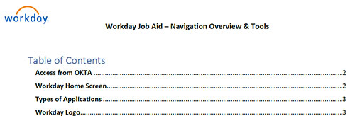 TOC for Workday Navigation Job Aid
